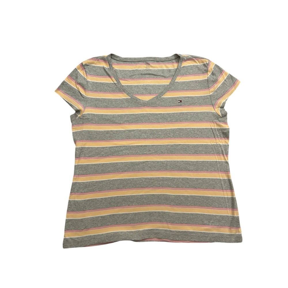 Tommy Hilfiger T-Shirt Womens XXL Grey Striped Excellent V-Neck Short Sleeve